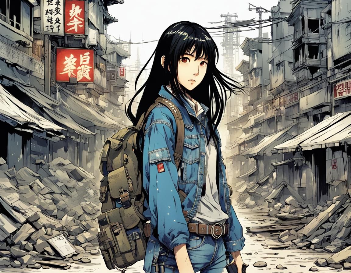 Post-Apocalyptic Manga Gunfighter in Ruined City