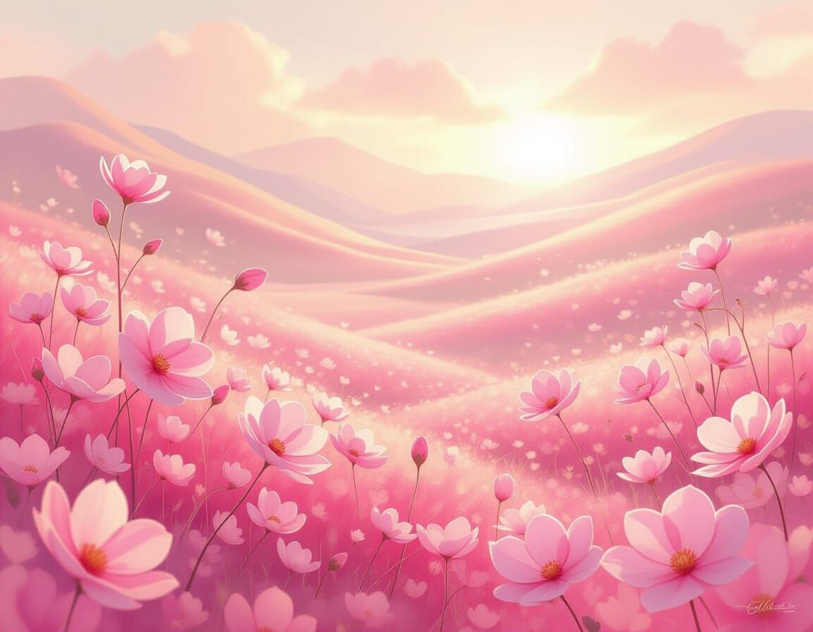 Pink Fantasy Landscape in Vibrant Oil Painting Style
