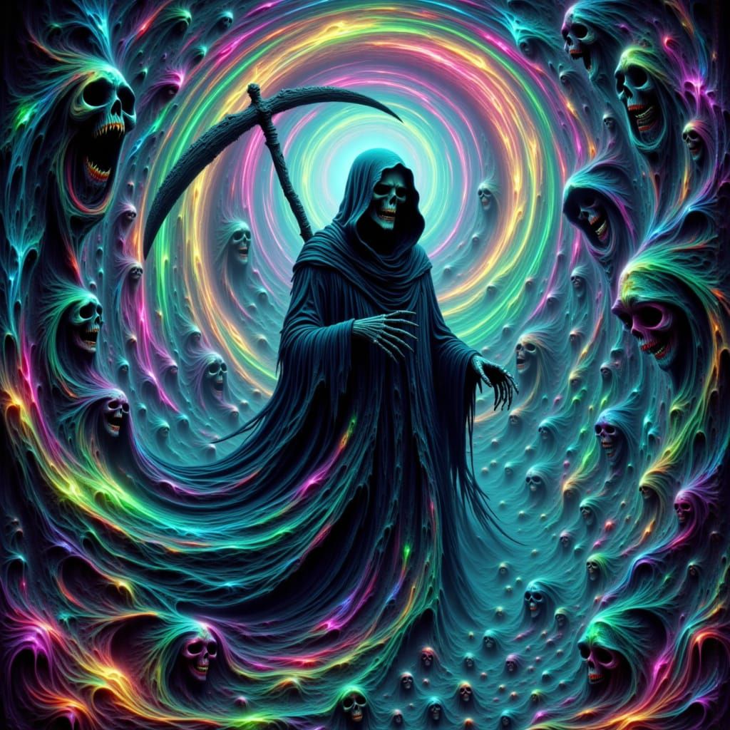 Grim Reaper in a Psychedelic Vortex of Lost Souls