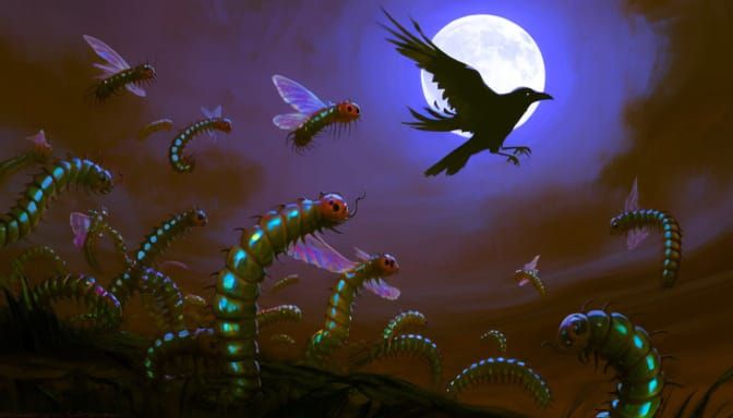 Bioluminescent Worms Flee Raven in Dark Fantasy Art