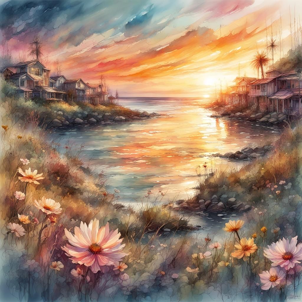 Summer Sunset: Digital Watercolor Art Nouveau Illustration