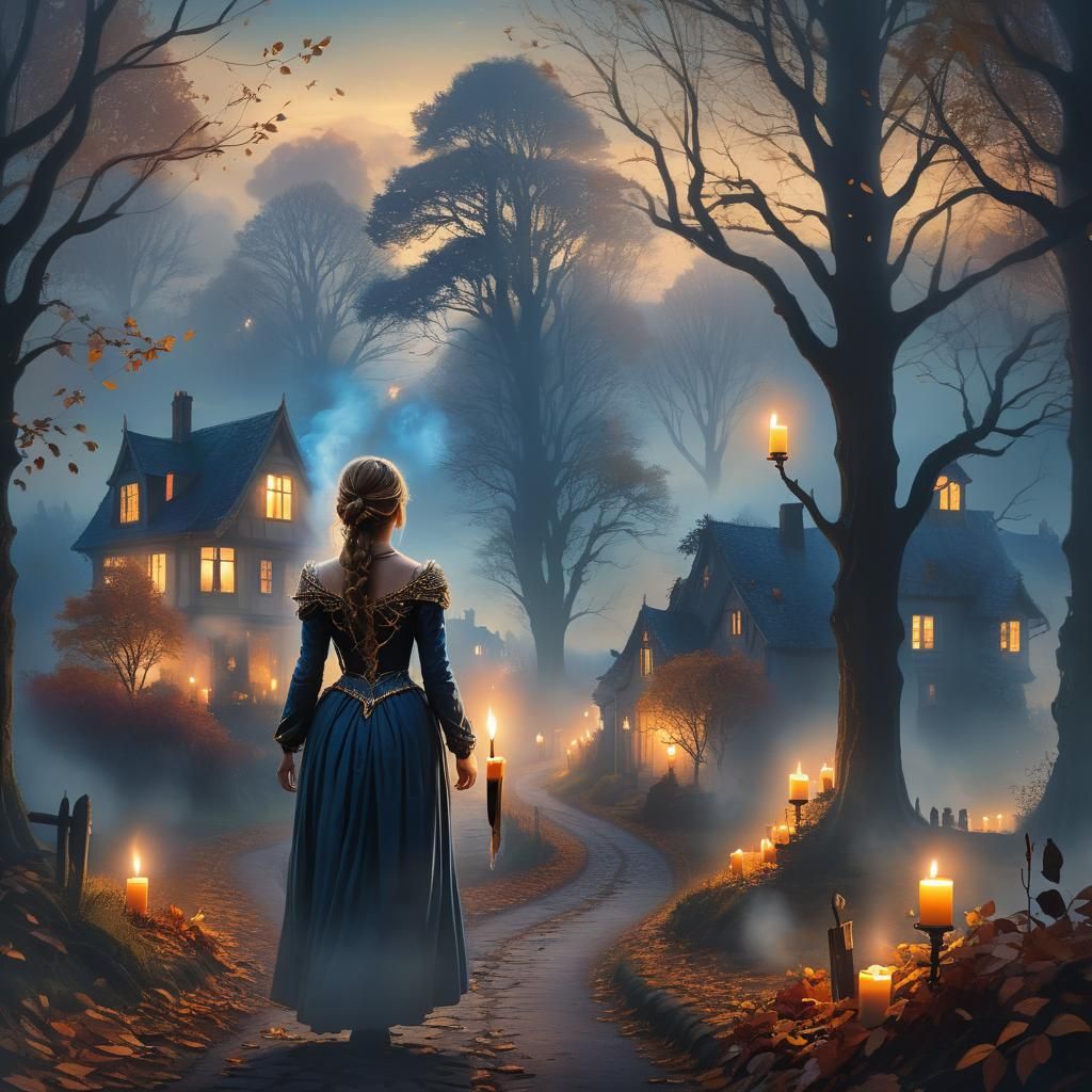 Candlelit Path Through Autumnal Mist