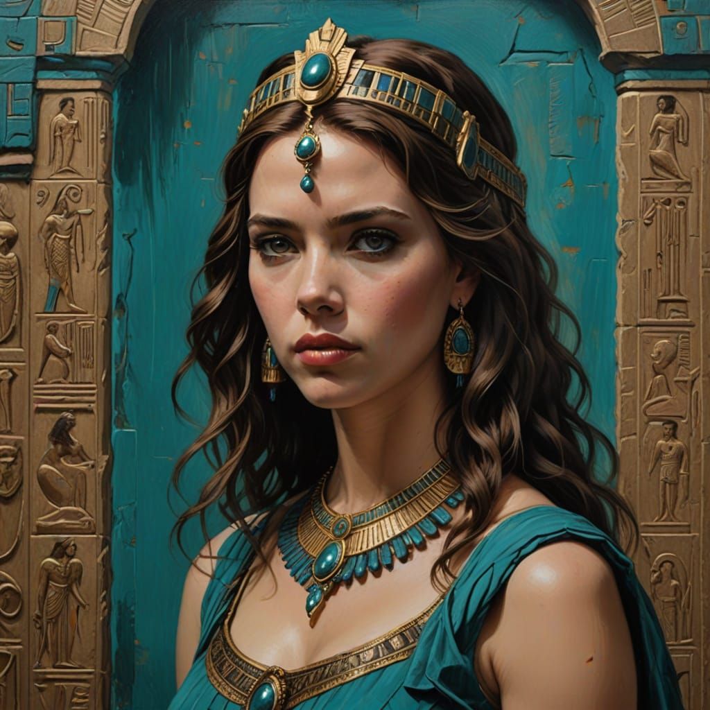 Ancient Egyptian Queen in a Teal Gown, Set amidst Nature
