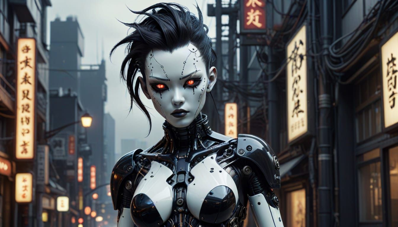 Gothic Gynoid Cyborg in Cyberpunk Cityscape