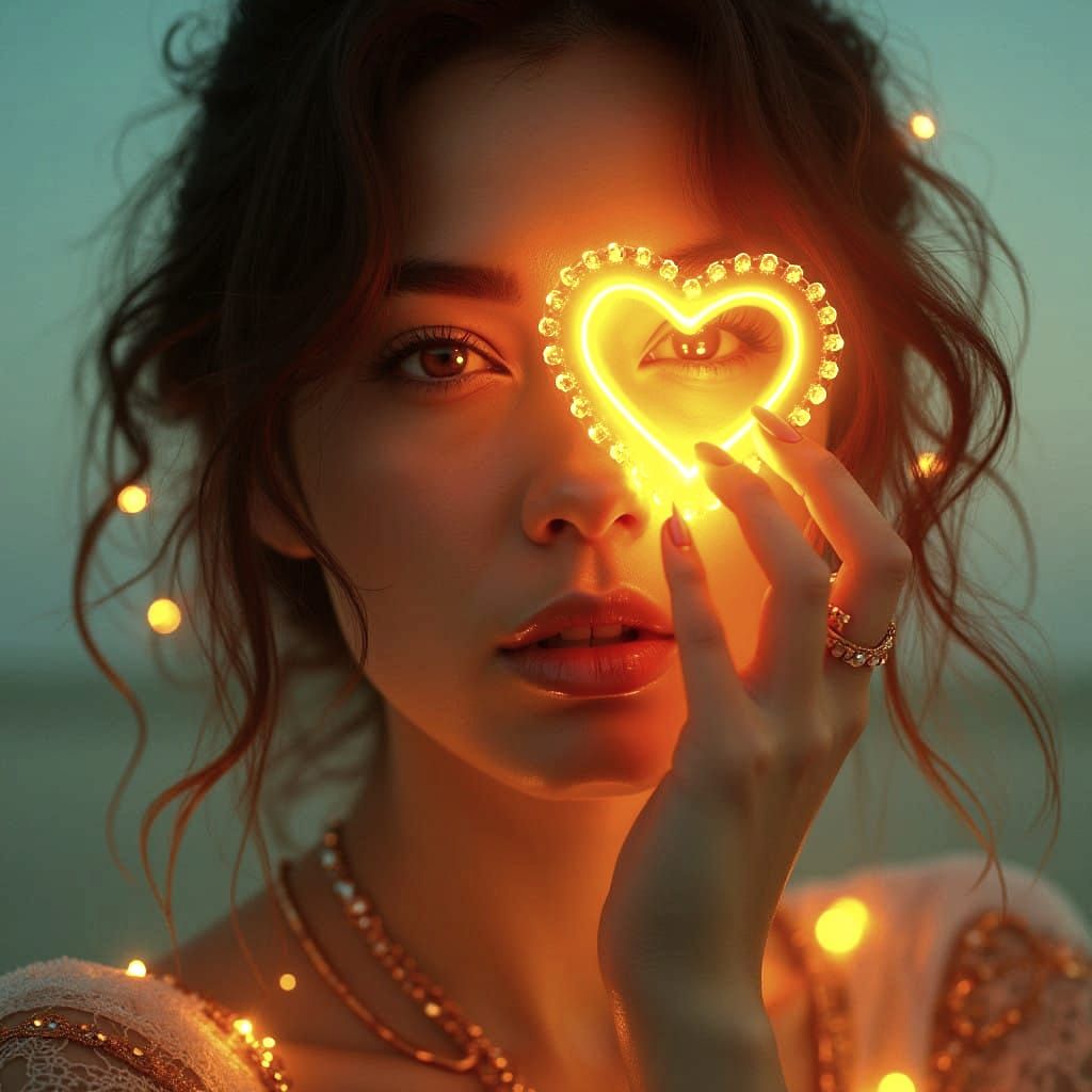 Ethereal Woman Shines with Golden Heart Light in Starry Nigh...