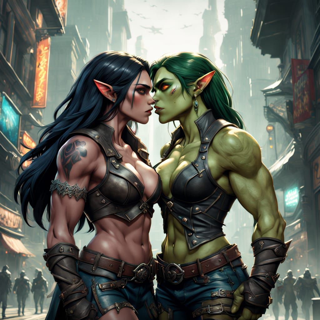 Orc Women Kissing in Anime Key Visual Style