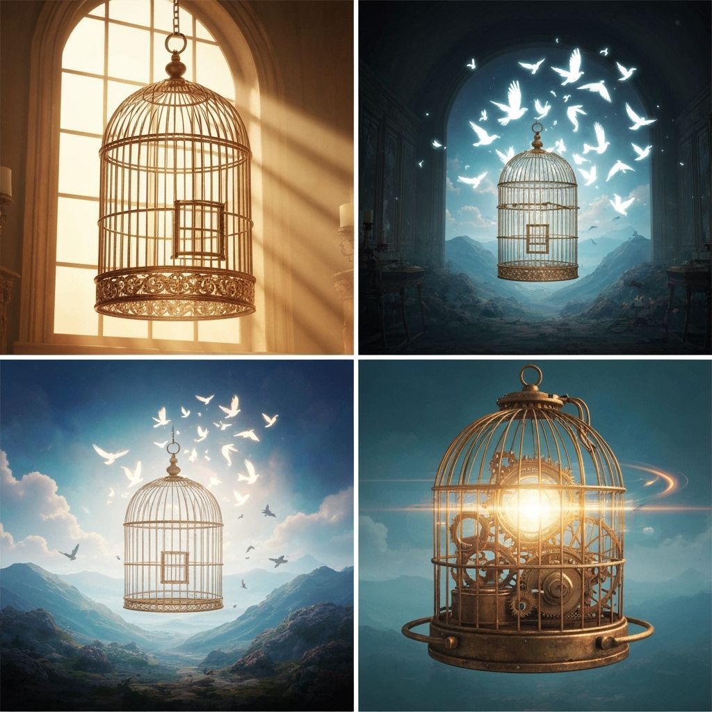 Ornate Golden Birdcage with Escaping Glowing Birds
