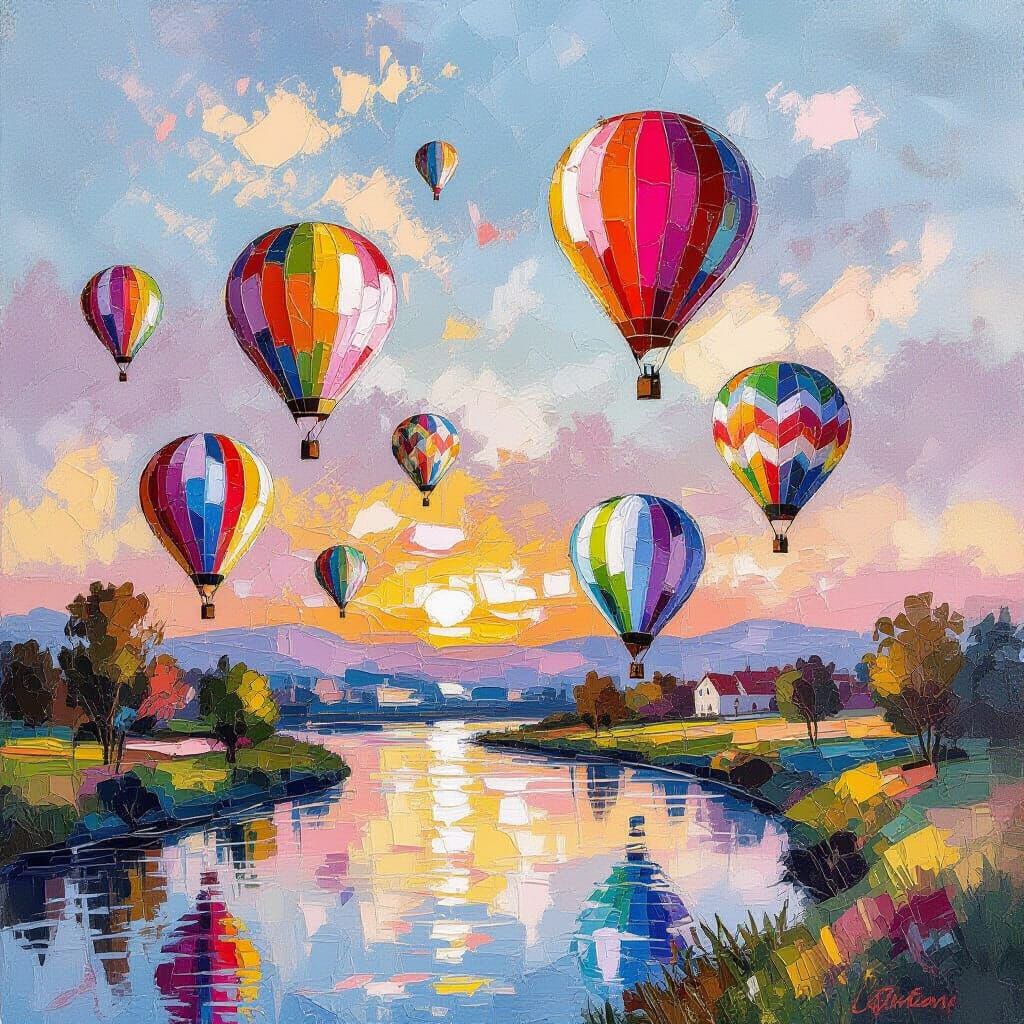 Twilight Balloon Festival in Acrylic Collage Impressionism
