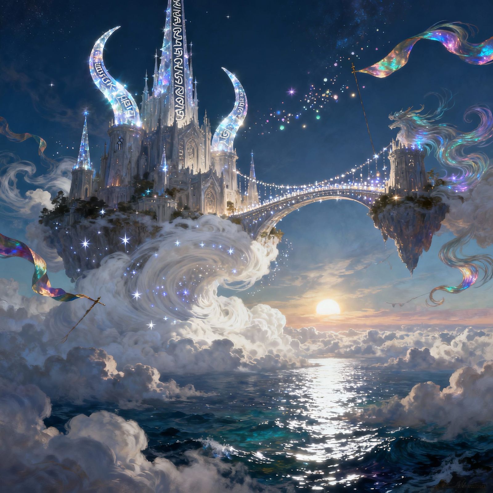 Epic Fantasy Castle Floating Above Cloud Ocean