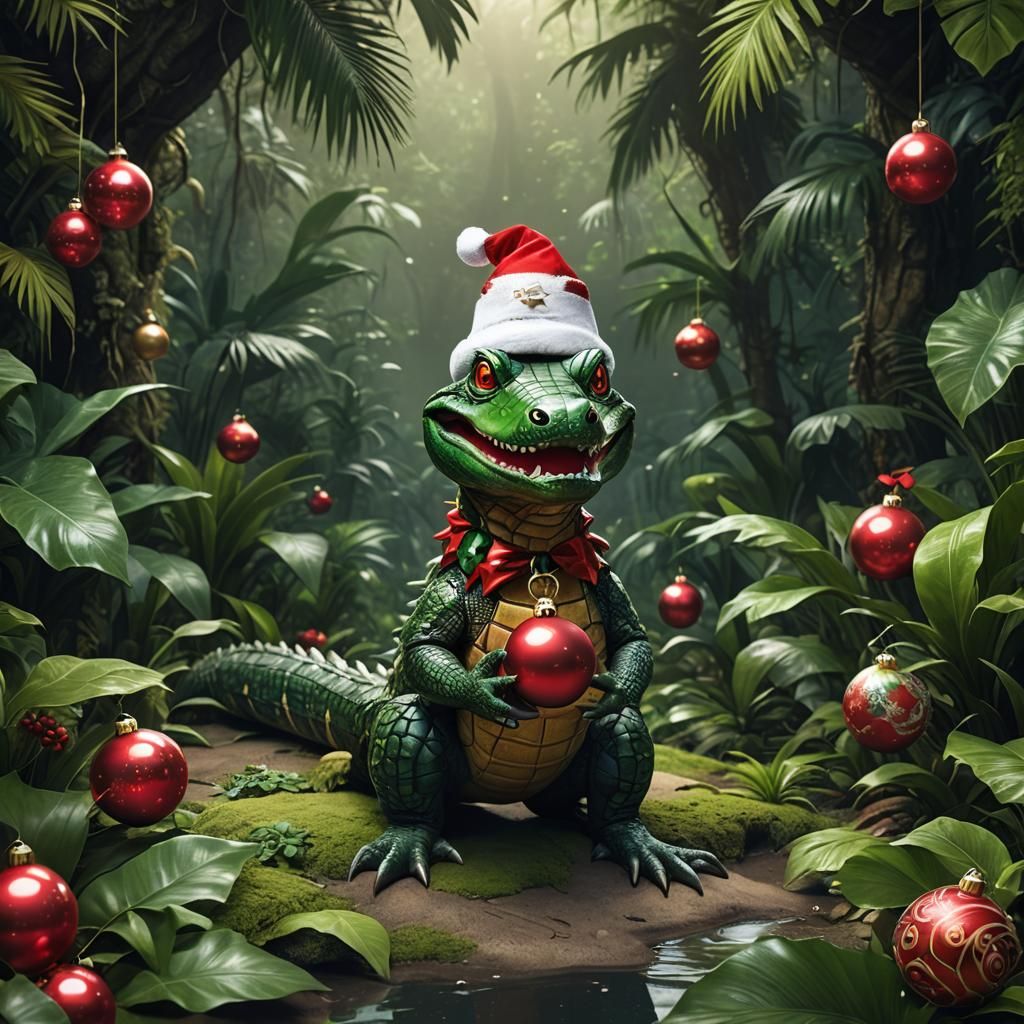 Caiman Santa in Vibrant Tropical Jungle