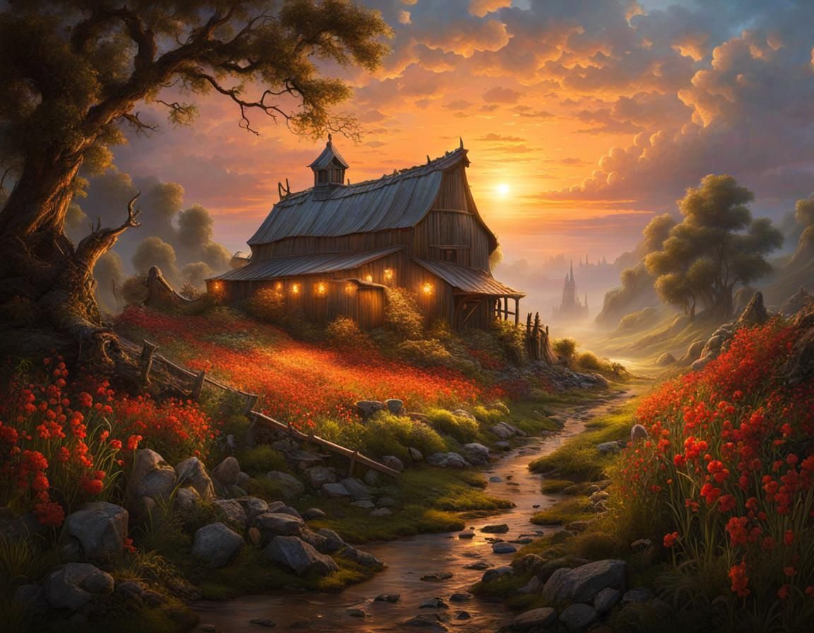Fantasy Country Farm at Sunset in Detailed Digital Art