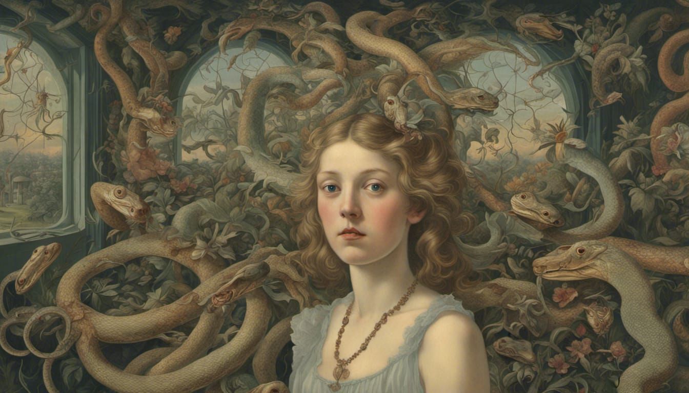 Girl with Snakes in 2500 AD Victorian Schoolroom