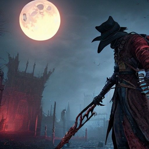 Bloodborne Hunter Observes Blood Moon in Yharnam