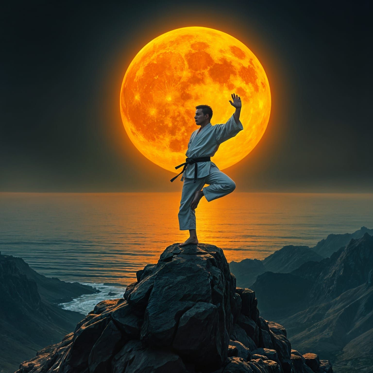 Karate Master Balances Under Orange Moon