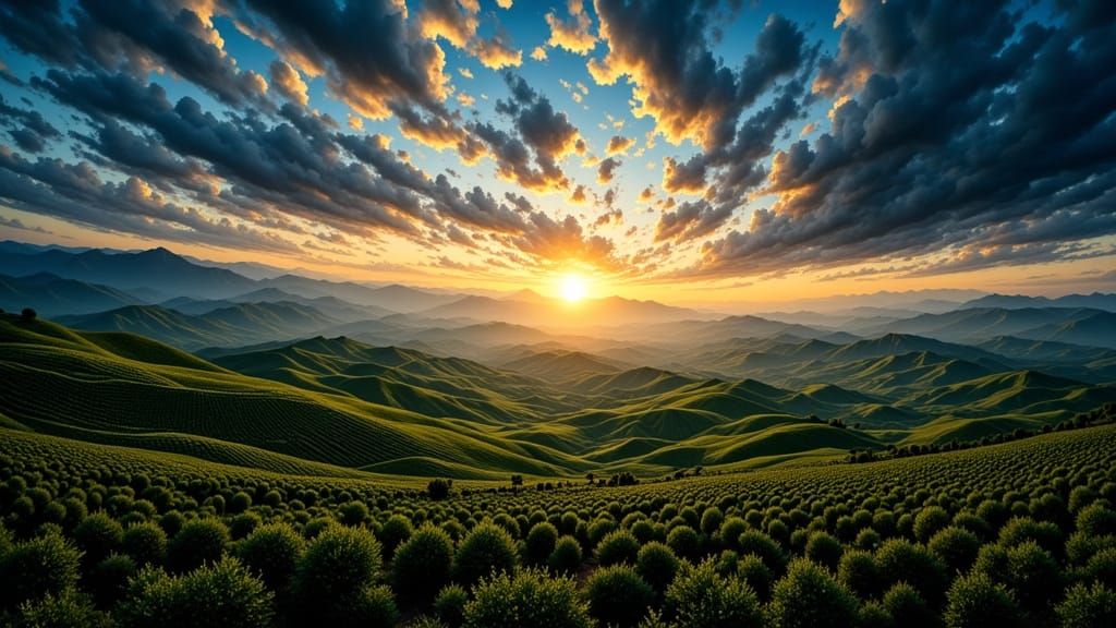 Sunset Over Mountains with Dramatic Clouds and Green Fields