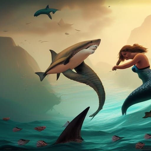 Mermaids Presenting Roses to a Shark