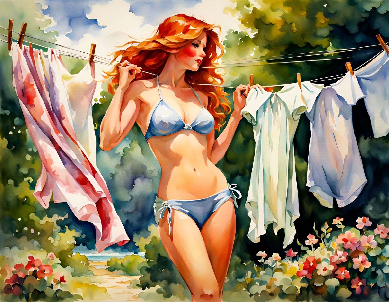 Redhead in Bikini: Waterhouse-Style Watercolor