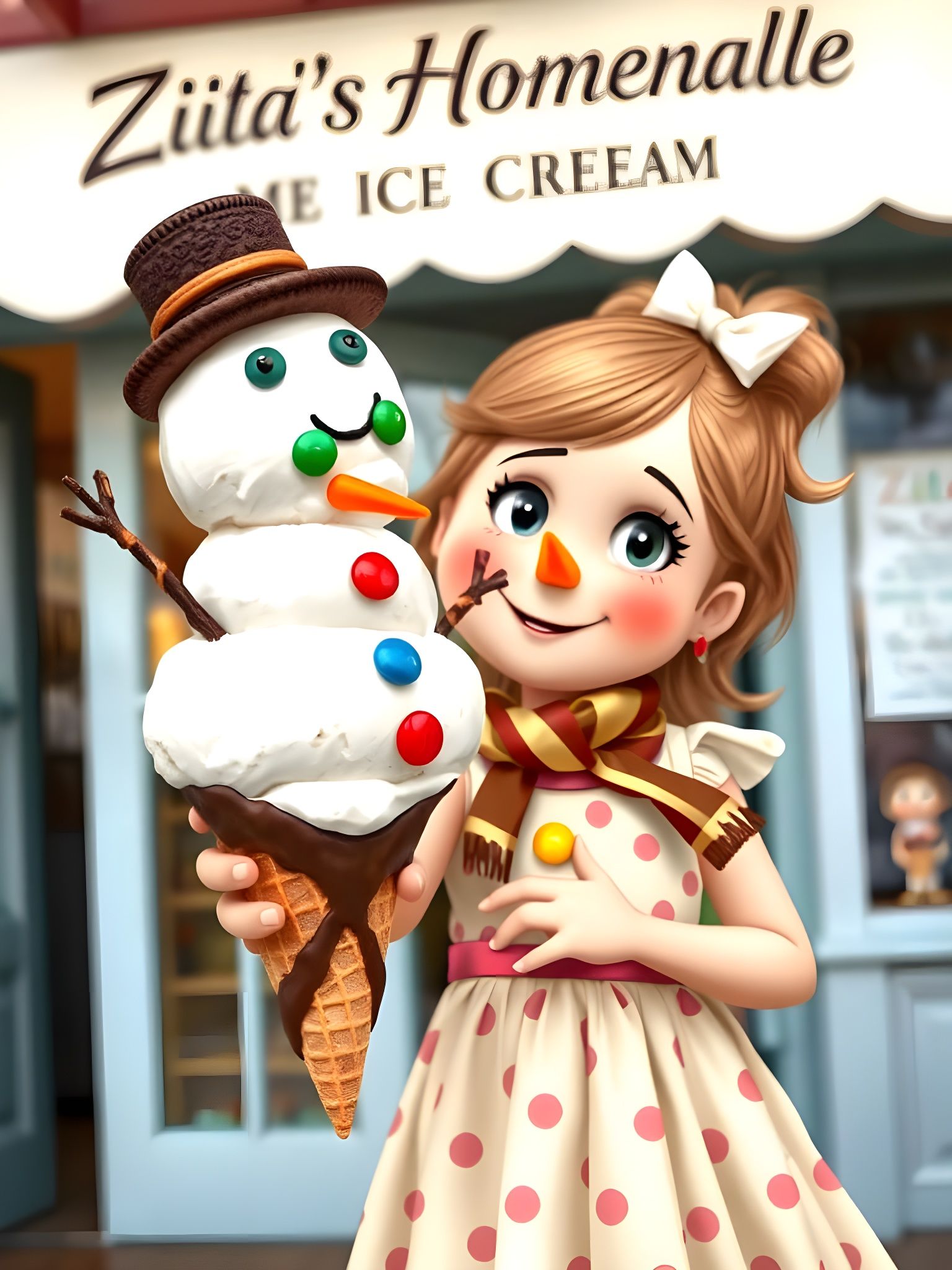 Girl Presents Ice Cream Snowman in Potter Style