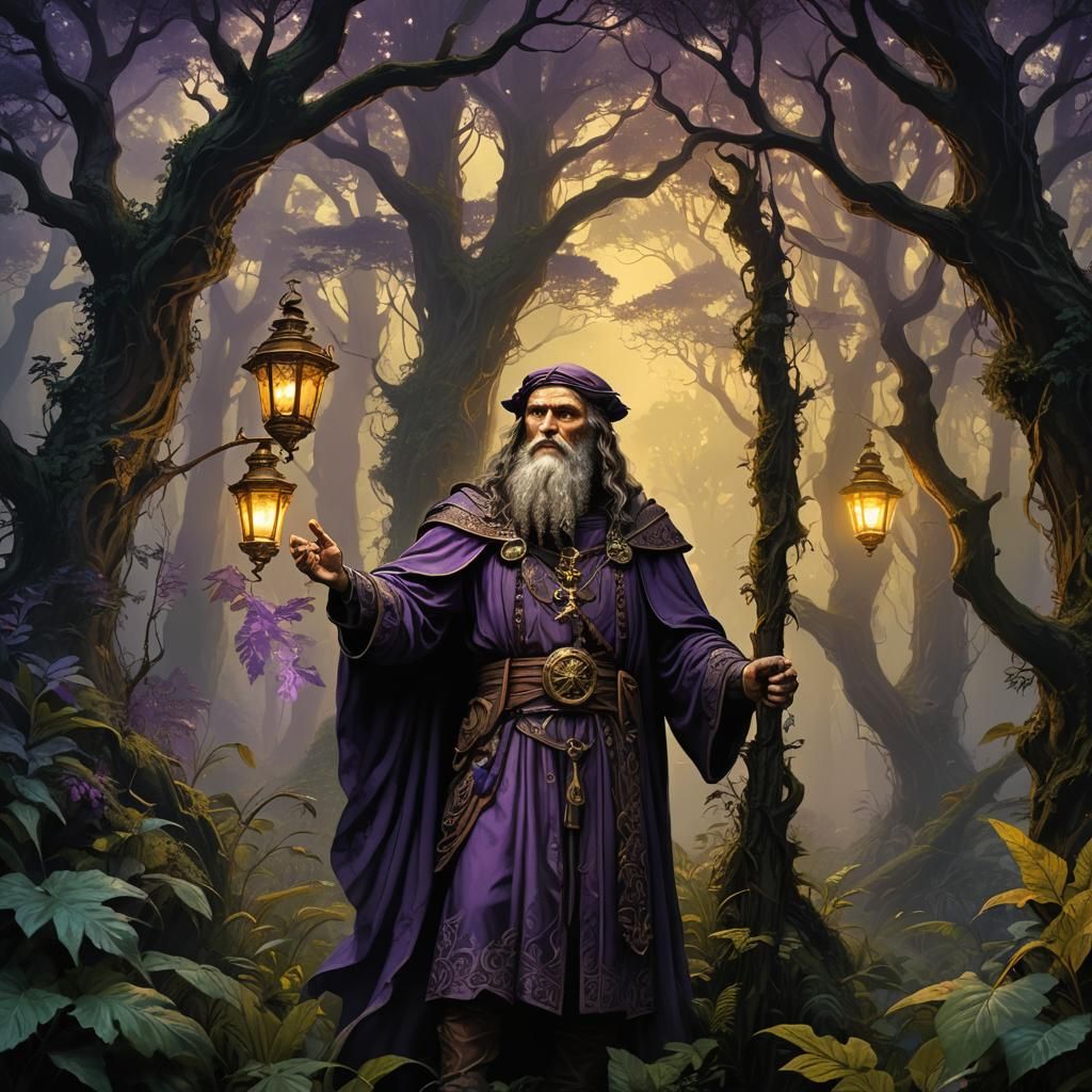 Dark Fantasy Leonardo da Vinci in Mystical Forest