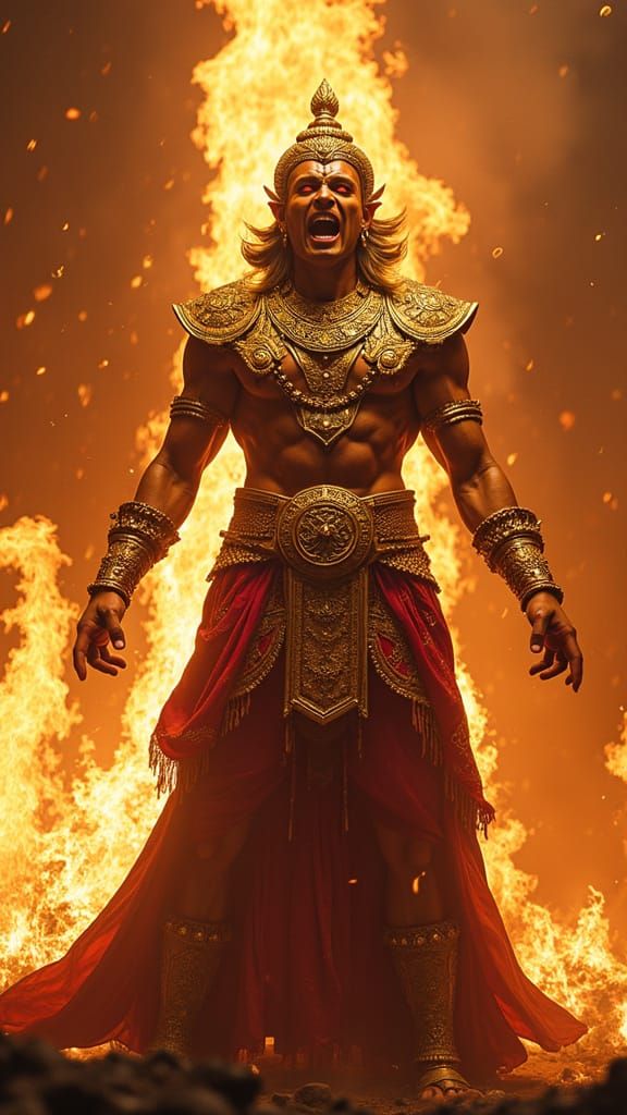 Furious Golden God of Hindu Mythology in Royal Armor, Fierce...