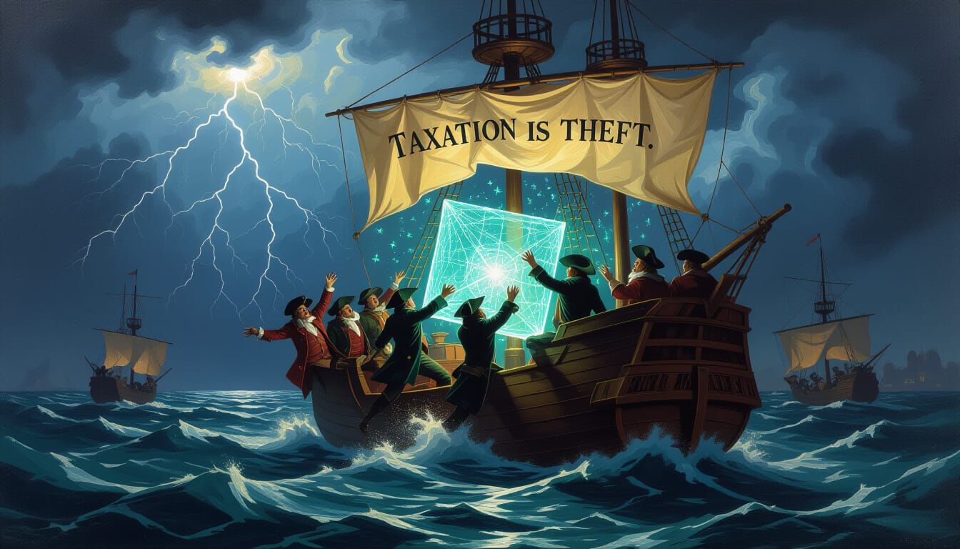 Boston Tea Party Oil Painting of AI Constructs