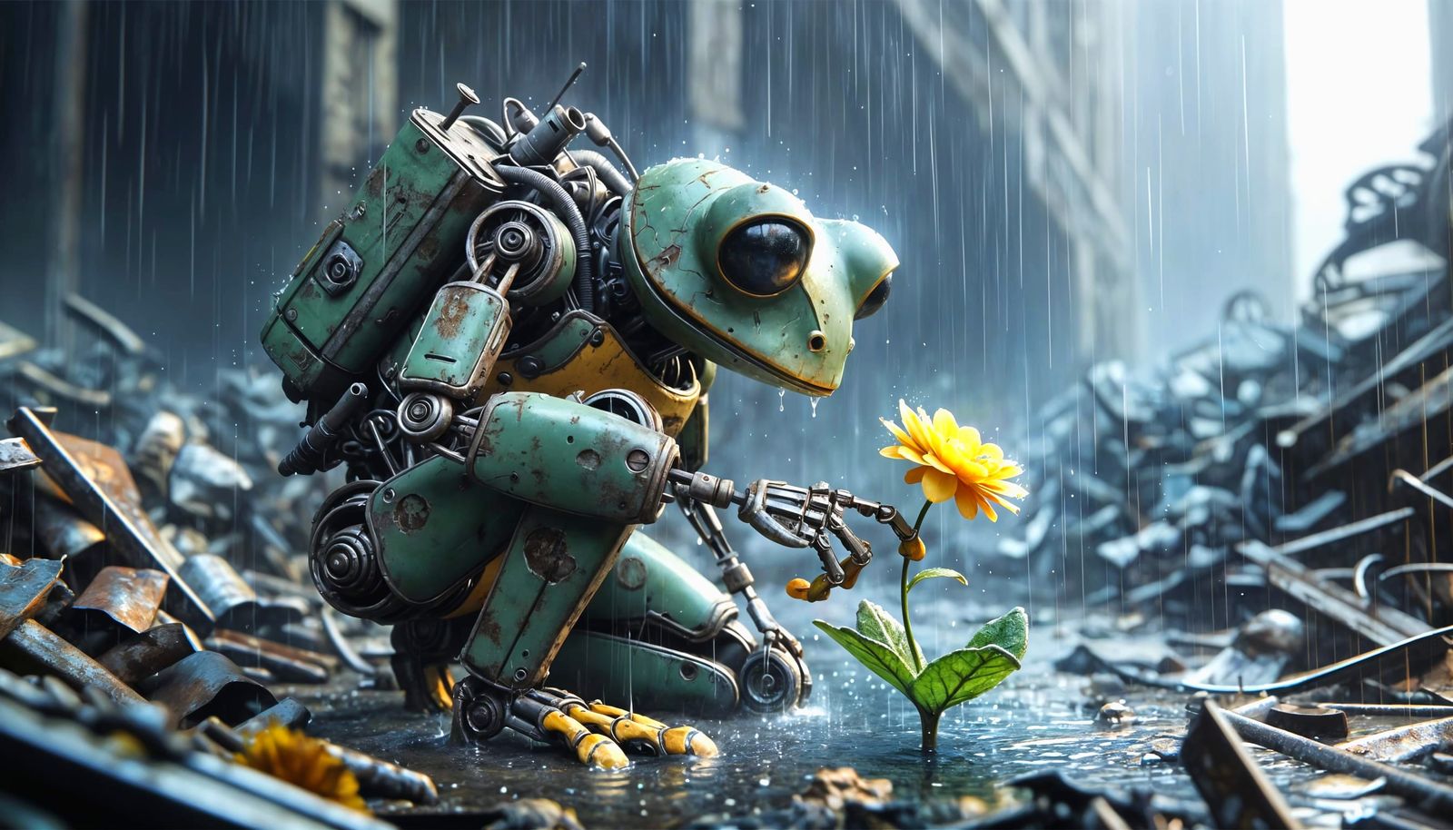 Cyberpunk Robot Frog Observes Yellow Flower in Post-Apocalyp...