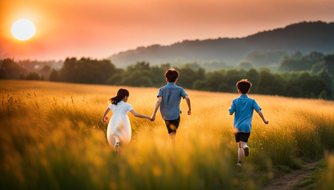 Nostalgic Sunset: Children Running in Field