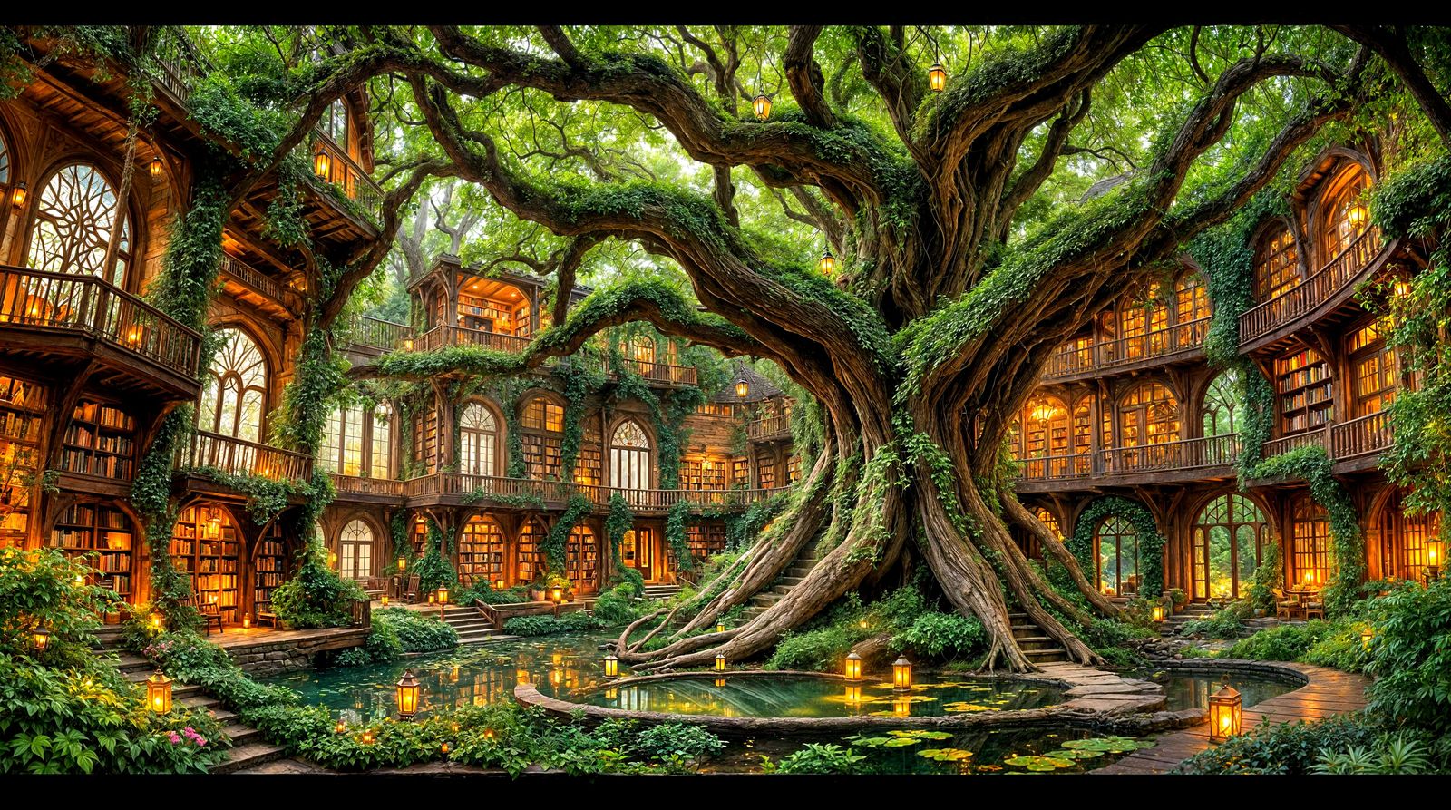 Magical Elven Library in Ancient Oak Tree