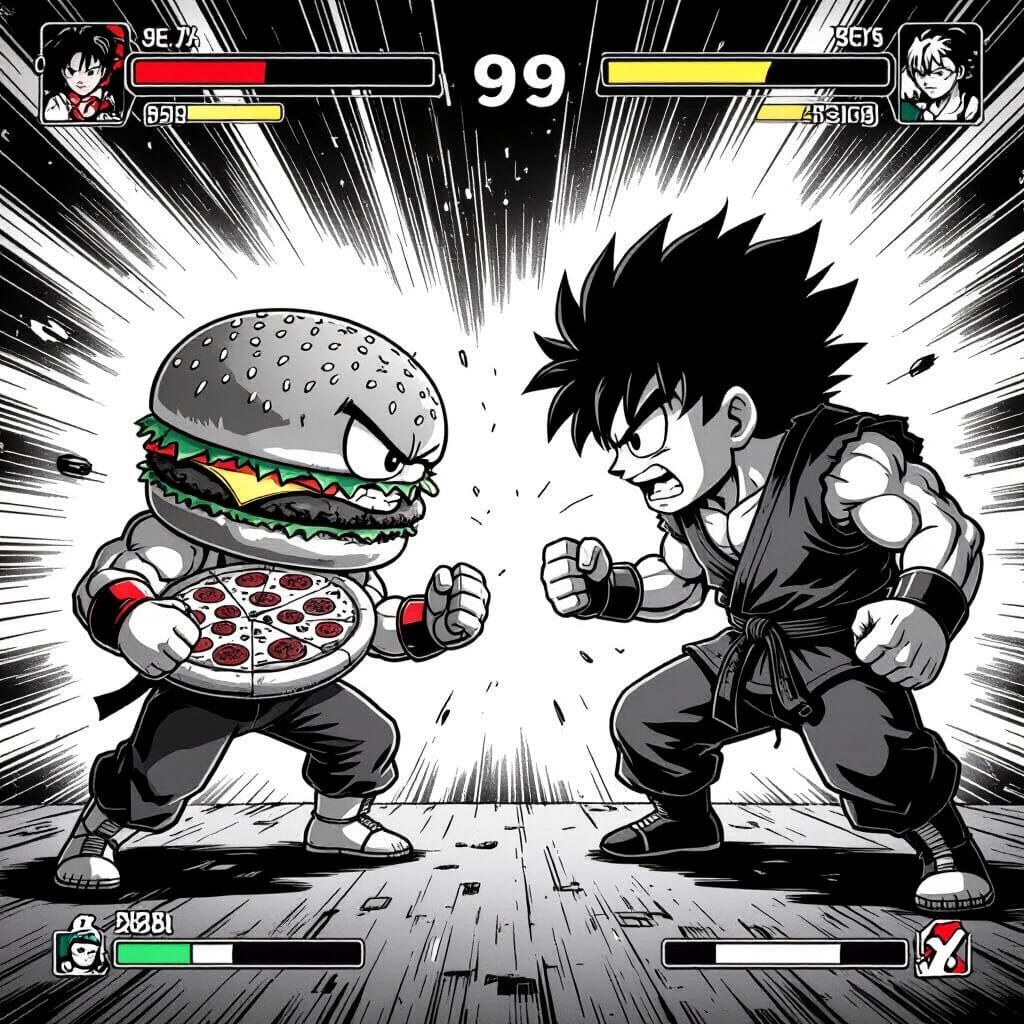 Hamburger vs Pizza: Manga Fighting Game Illustration