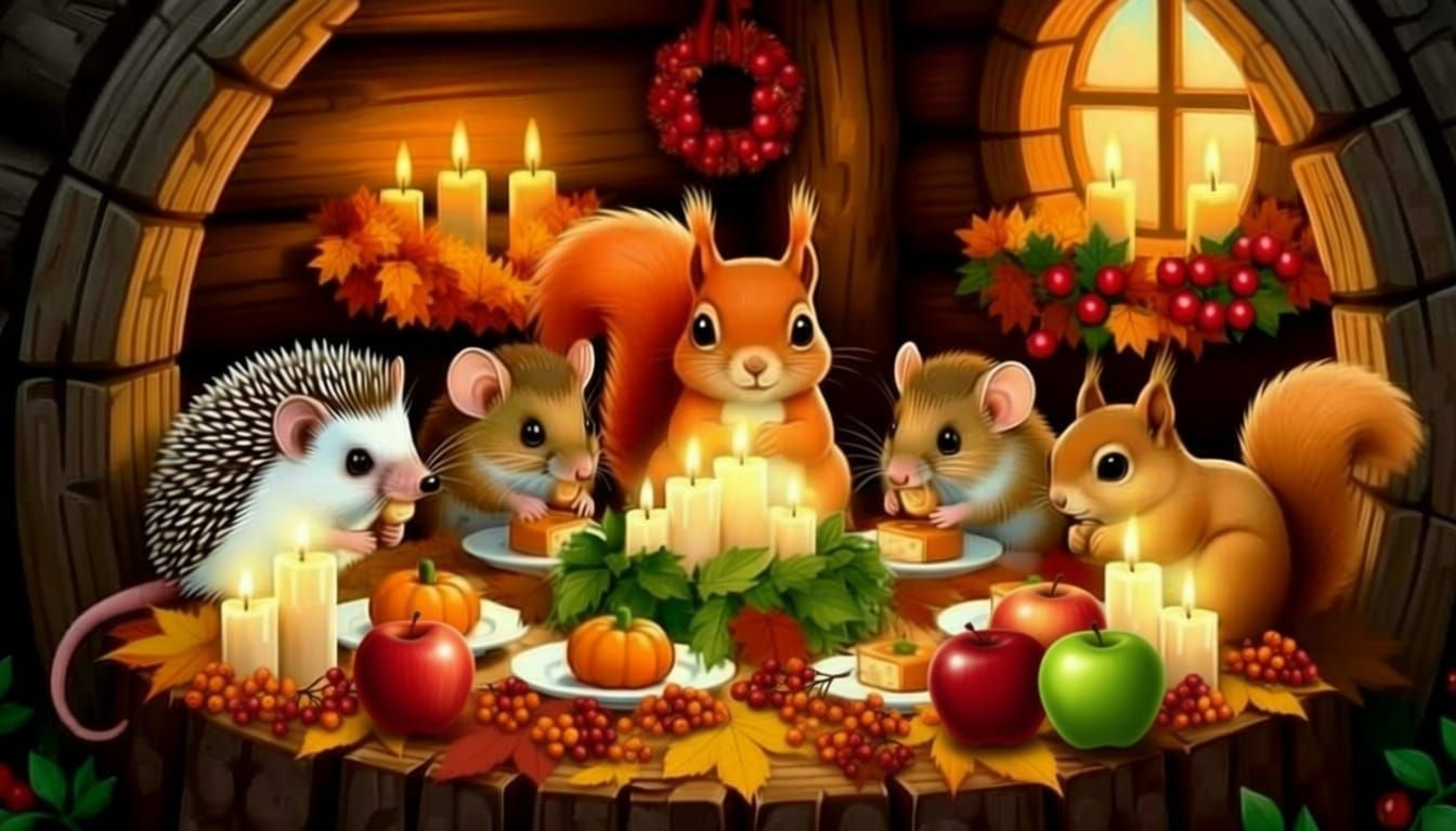 Woodland Creatures Feast at Candlelit Thanksgiving Table