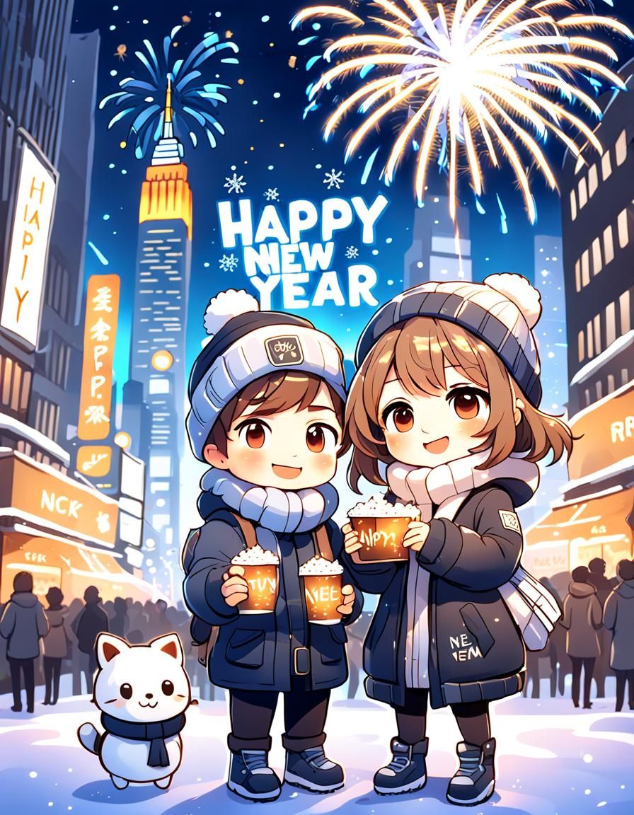 Chibi Children Celebrate New Year in City