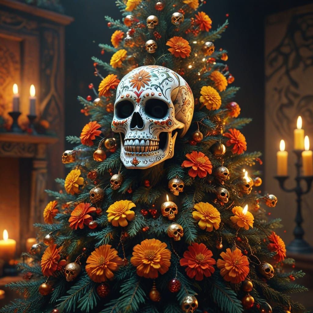Day of the Dead Christmas Tree Adorned with Skulls