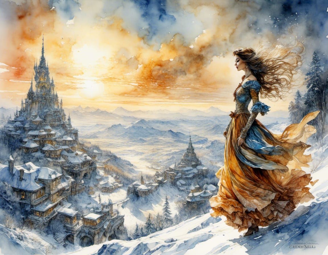 Surreal Girl in Snowy Dreamscape, Vivid Colors