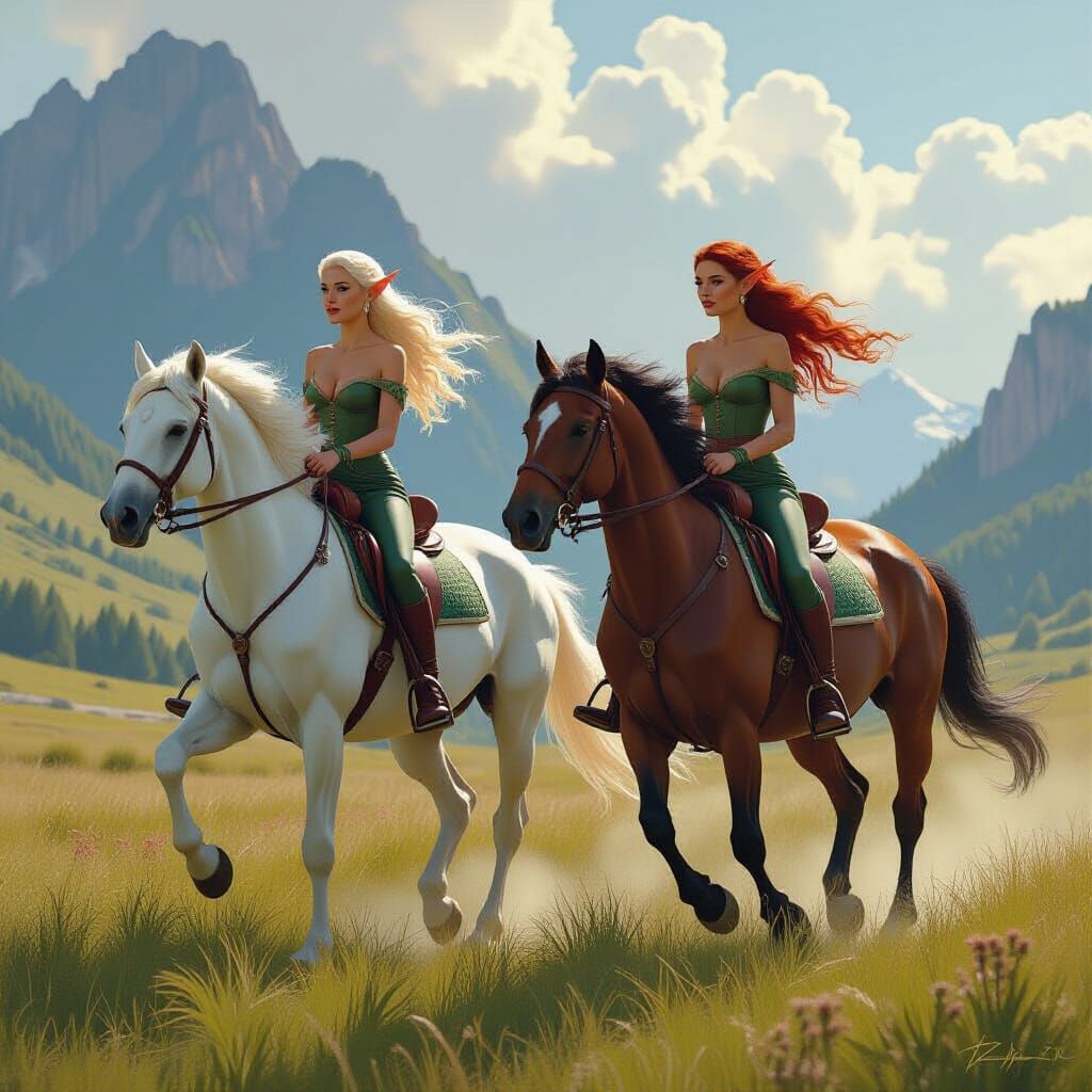Elven Women Ride Horses in Lush Landscape