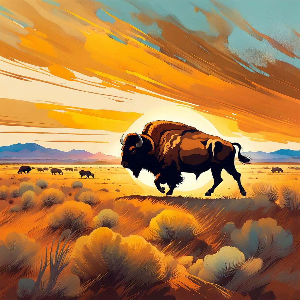 Bison in Arizona Landscape: Comic Book Art Style