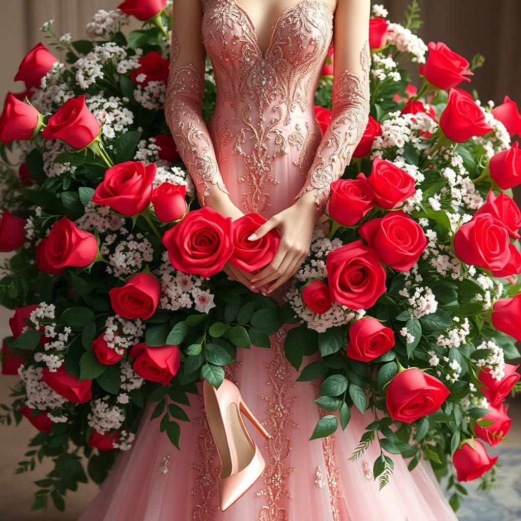 Woman in Pink Gown with Roses: 3D Anime Art