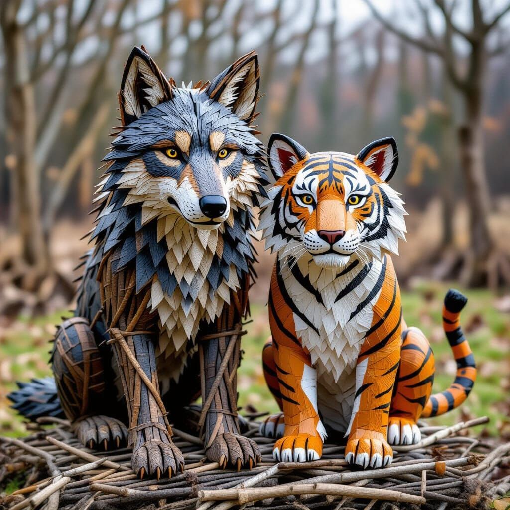 Waste Branch Sculpture of Wolf and Tiger in Folk Art Style