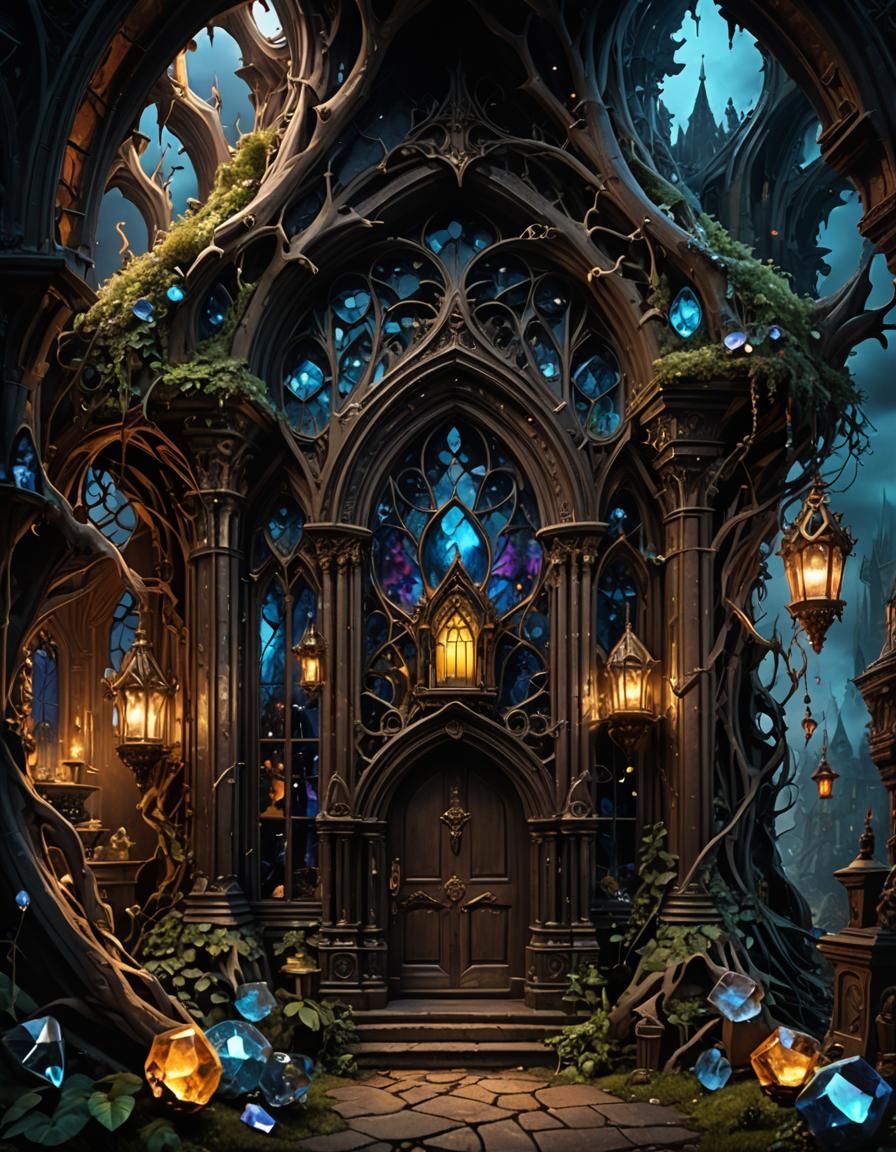 Gothic Home Inside Quartz Crystal, Fantasy Art