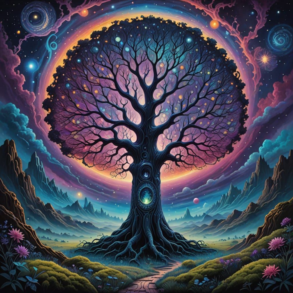 Cosmic Tree Radiates Vibrant Magic in Translucent, Celestial...