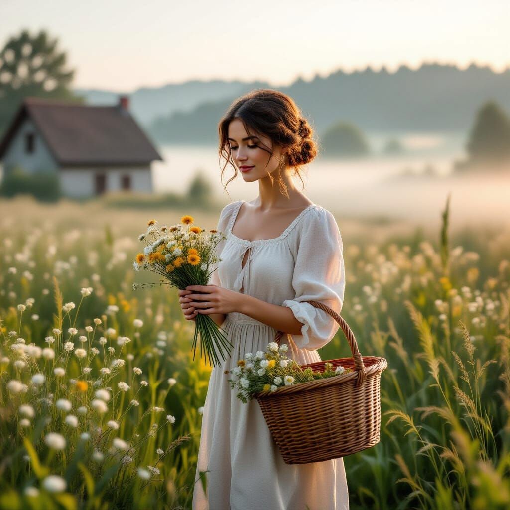 Cottagecore Woman Picking Wildflowers on Misty Morning