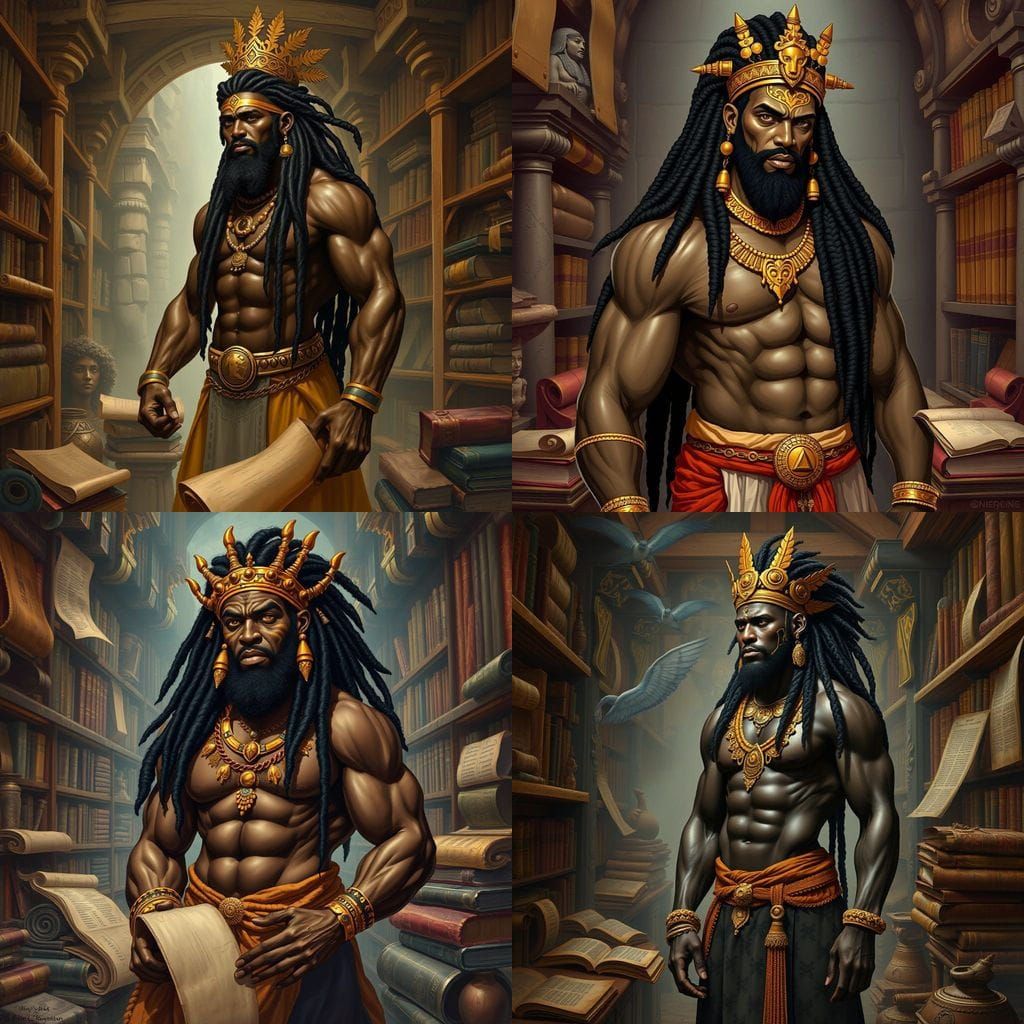 African God of Wisdom in an Ancient Library