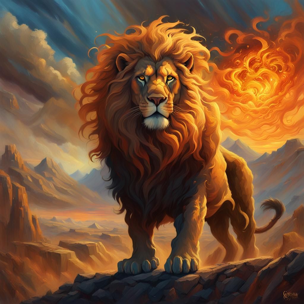 Menacing Hybrid Lion in Mystical Landscape