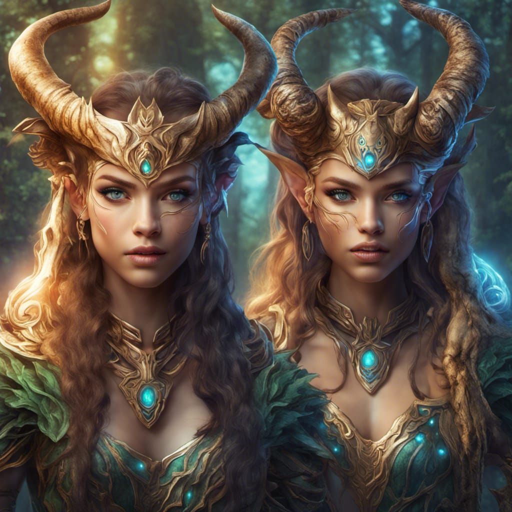 Elf Twins Ride Taurus Bull-Tiger in Enchanted Forest