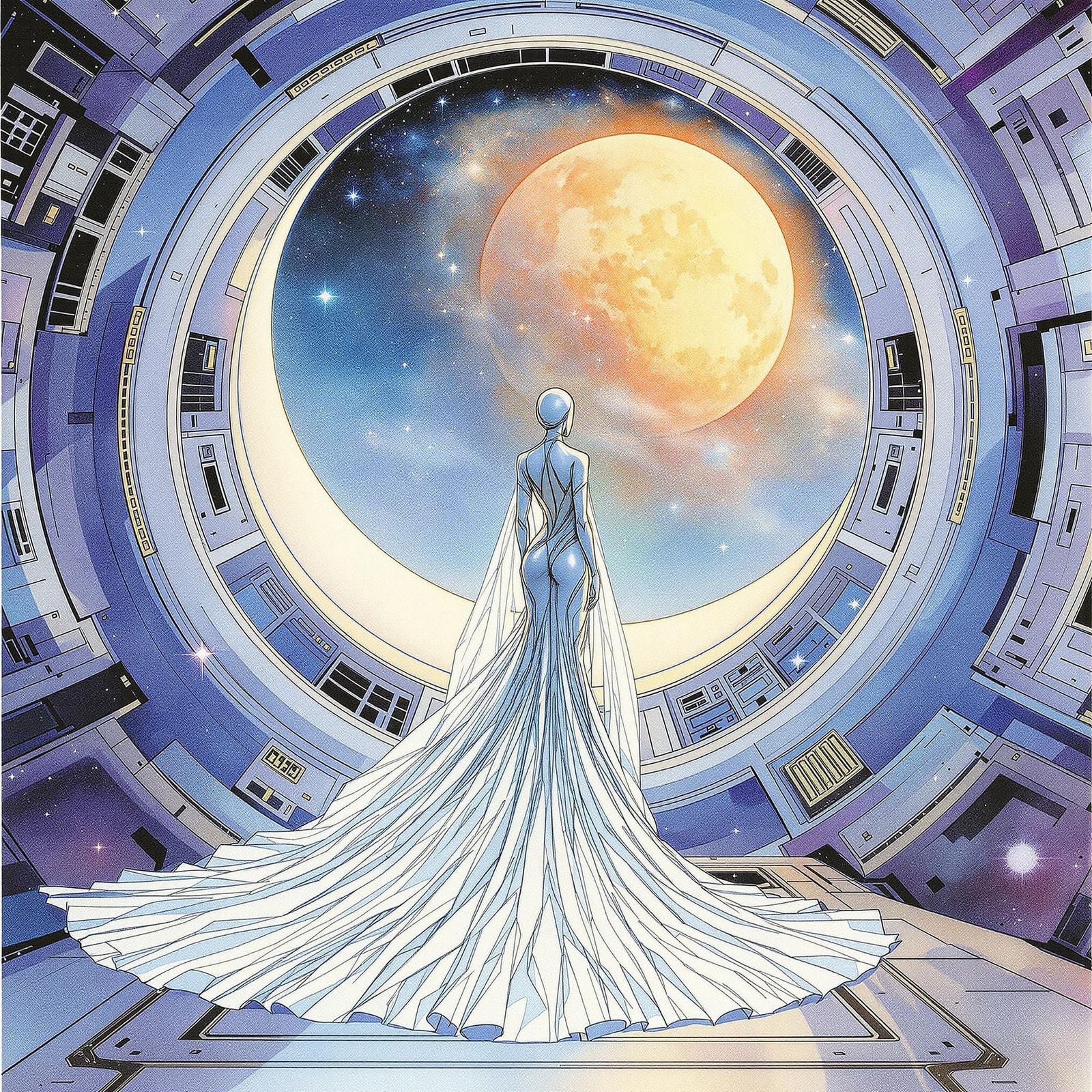 Galactic Empress Rules the Cosmic Seas in Aquarelle and Ink