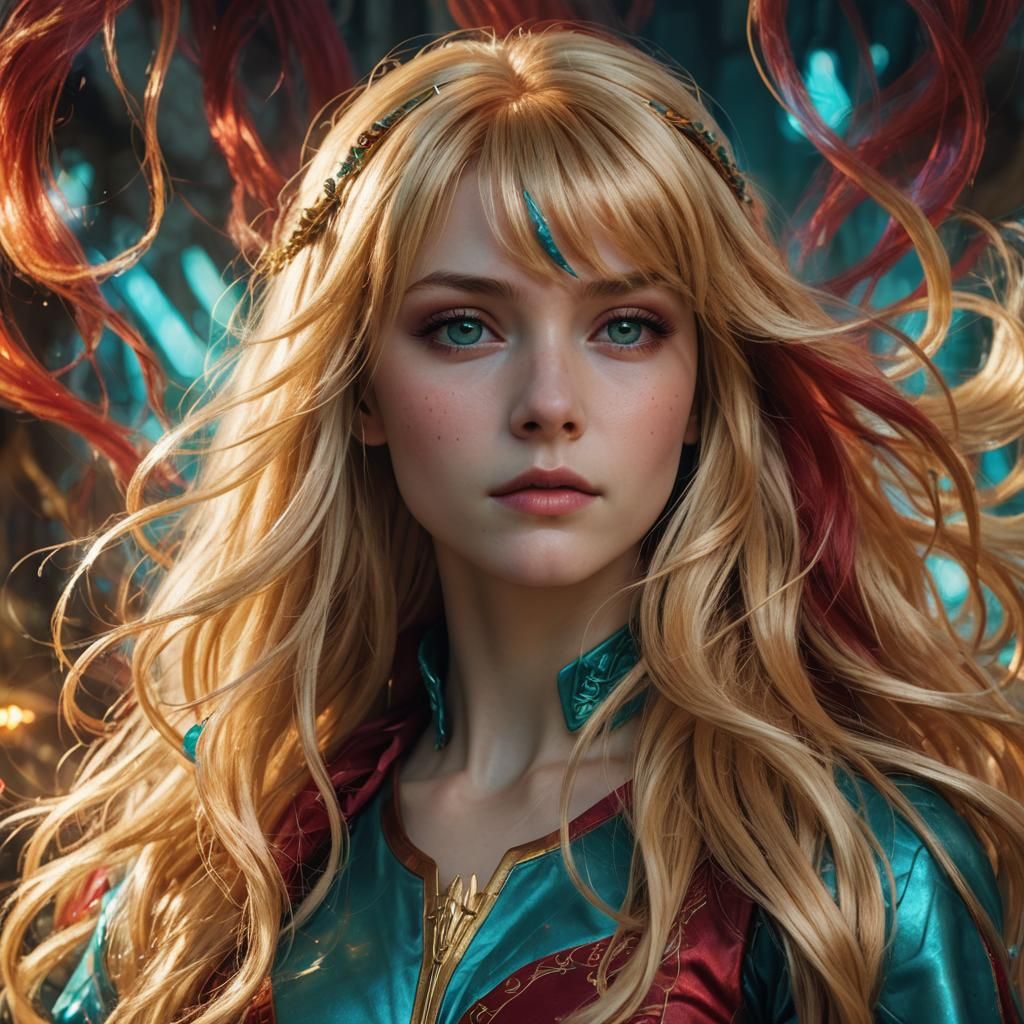 Blonde Ponytail with Red Accents in Fantasy Style