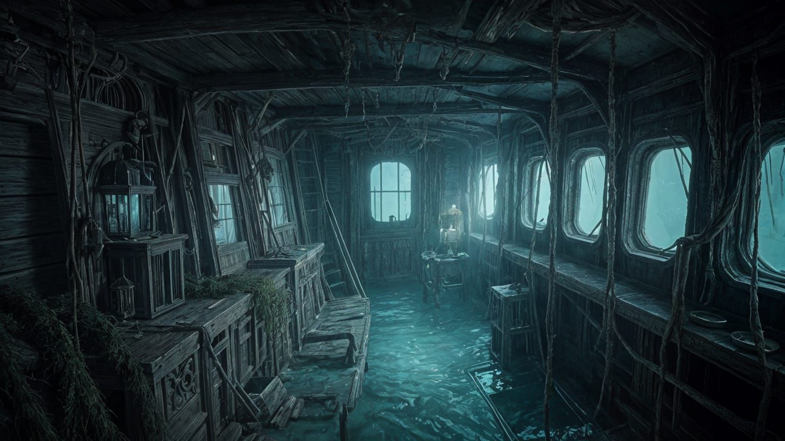 Ethereal Abandoned Ghost Ship Cabin in Soft Eerie Glow