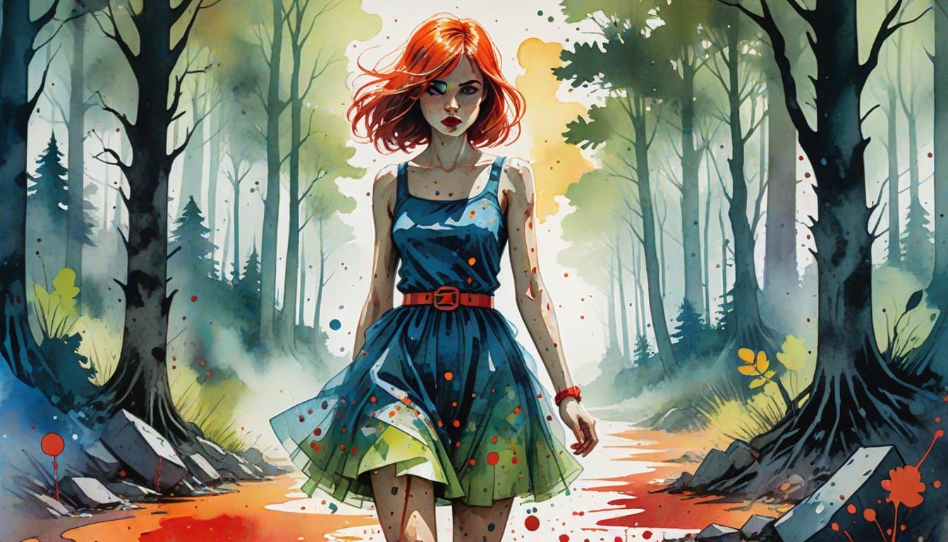 Vibrant Comic Papercut Woman in Forest Landscape