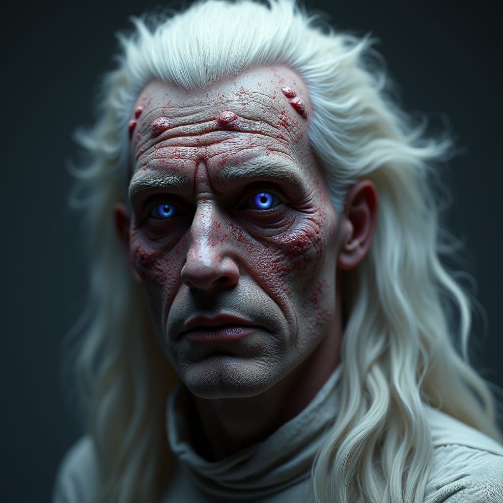 Scorched Portrait of a Man with Twisted, Warped Skin and Hau...