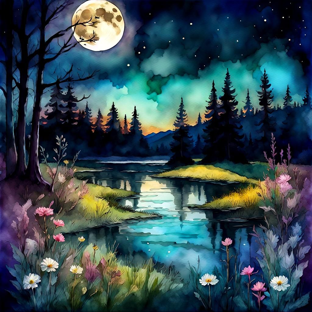Moonlit Meadow: A Fantasy Digital Watercolor