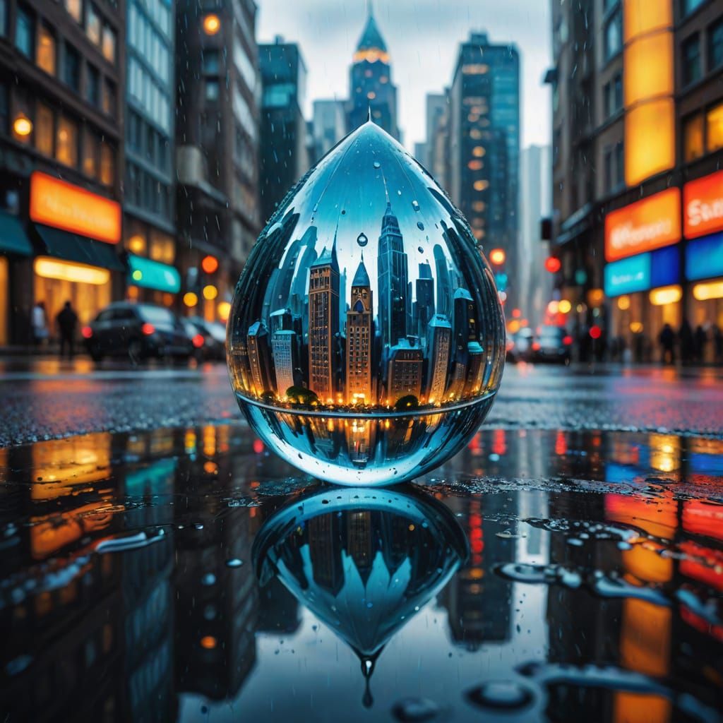 City in a Raindrop: Surreal Macro Oil Painting